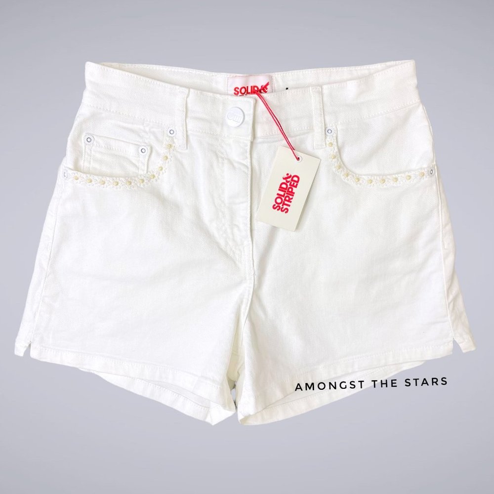 Solid & Striped Daisy Trim High Waisted White Denim Shorts